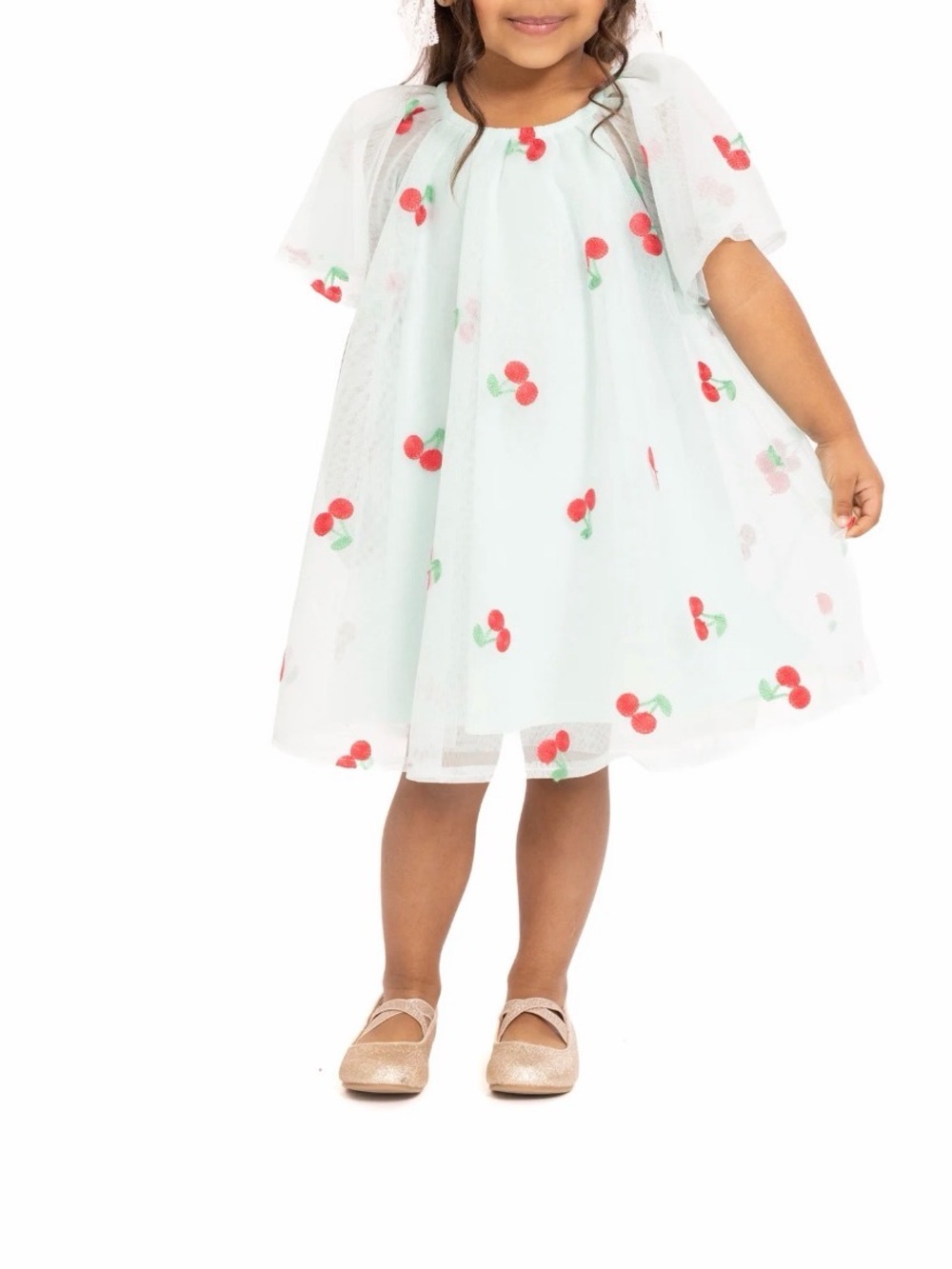 (457)Girls Cherry Print Tulle Party Dress - White with Red Cherries